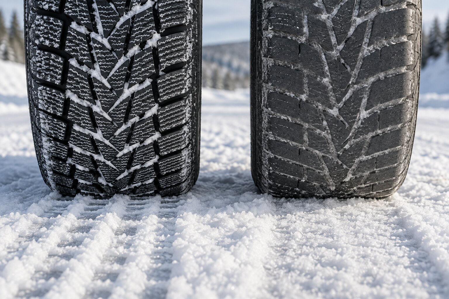 Dypt seipet og slitt vinterdekkmønster på kompakt snø